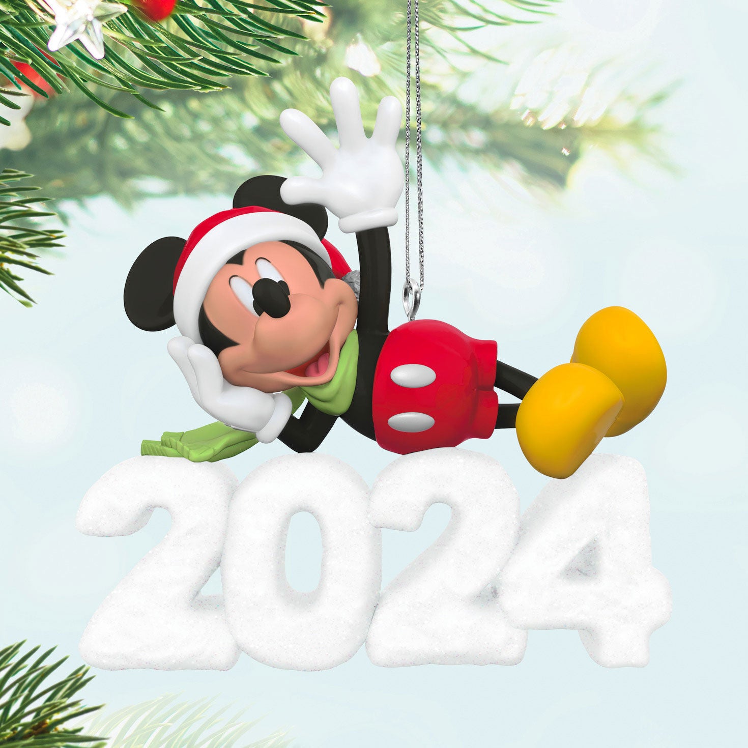 Disney Mickey Mouse, A Year of Disney Magic — Hallmark Keepsake Christmas Ornament featuring Mickey with Santa hat and 2024 snow sculpture.
