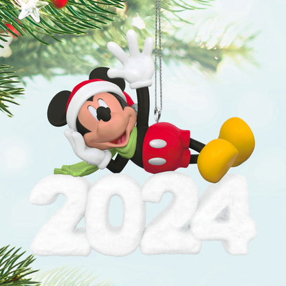 Disney Mickey Mouse, A Year of Disney Magic — Hallmark Keepsake Christmas Ornament featuring Mickey with Santa hat and 2024 snow sculpture.