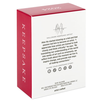 Hallmark Keepsake Christmas ornament box featuring artist Alex Ho's biography and details about the memento's crafting process.