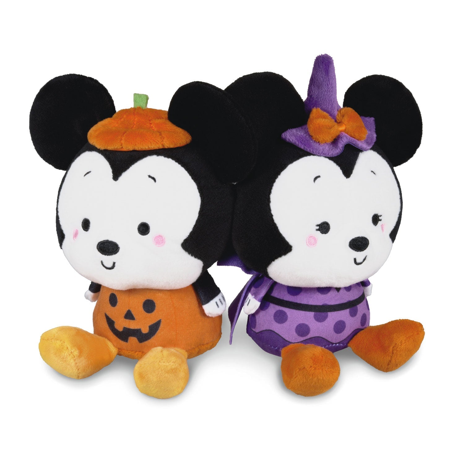 Disney Mickey Mouse & Minnie Mouse Halloween Magnetic Plush – Better Together in pumpkin and witch costumes, close up view of plush pair.