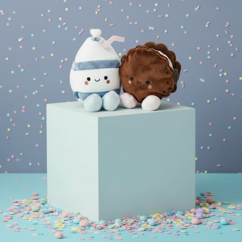 Milk and Cookie, Magnetic Plush - Better Together, vibrant plush duo on pastel pedestal, surrounded by colourful confetti.