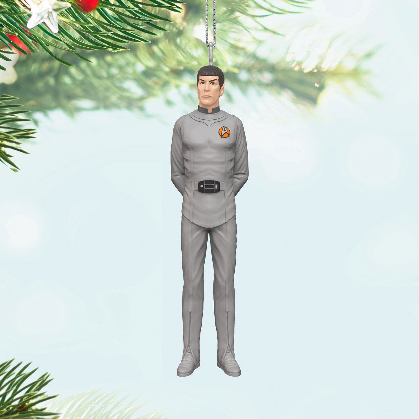 Star Trek™: The Motion Picture Spock (Miniature) — Hallmark Keepsake Christmas ornament in grey Starfleet uniform, hanging on a tree.