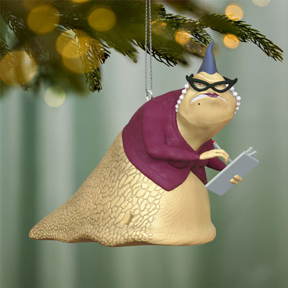 Disney/Pixar Monsters, Inc. Roz With Sound — 2026 Hallmark Keepsake Christmas Ornament, detailed figure holding clipboard with glasses, hanging on a tree.