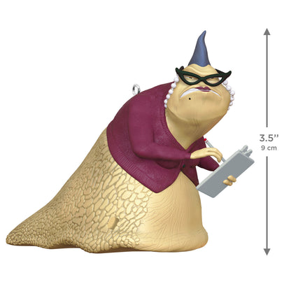 Disney/Pixar Monsters, Inc. Roz With Sound — 2026 Hallmark Keepsake Christmas Ornament, 9 cm, detailed view of Roz in cardigan and glasses.