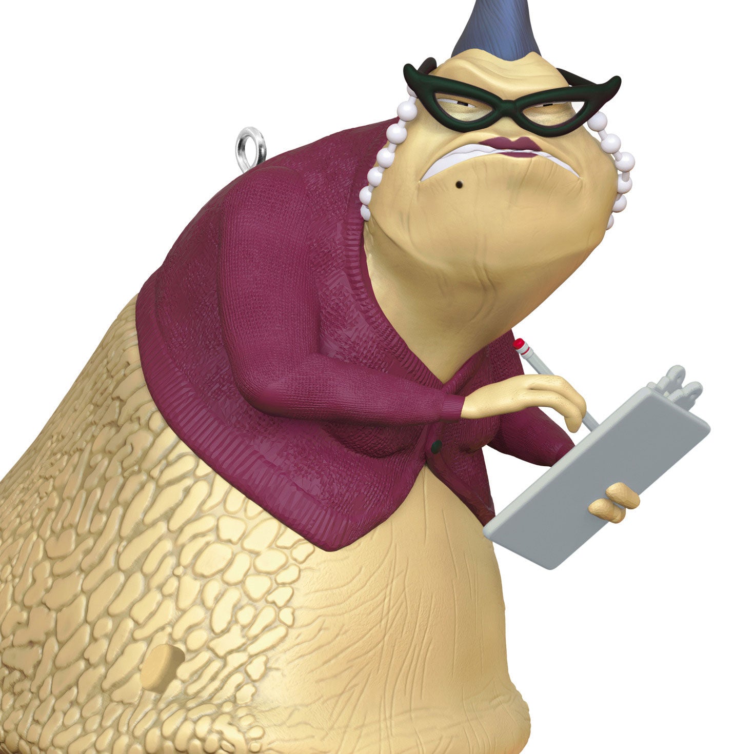 Disney/Pixar Monsters, Inc. Roz With Sound — 2026 Hallmark Keepsake Christmas Ornament, detail view of Roz in burgundy cardigan and glasses.