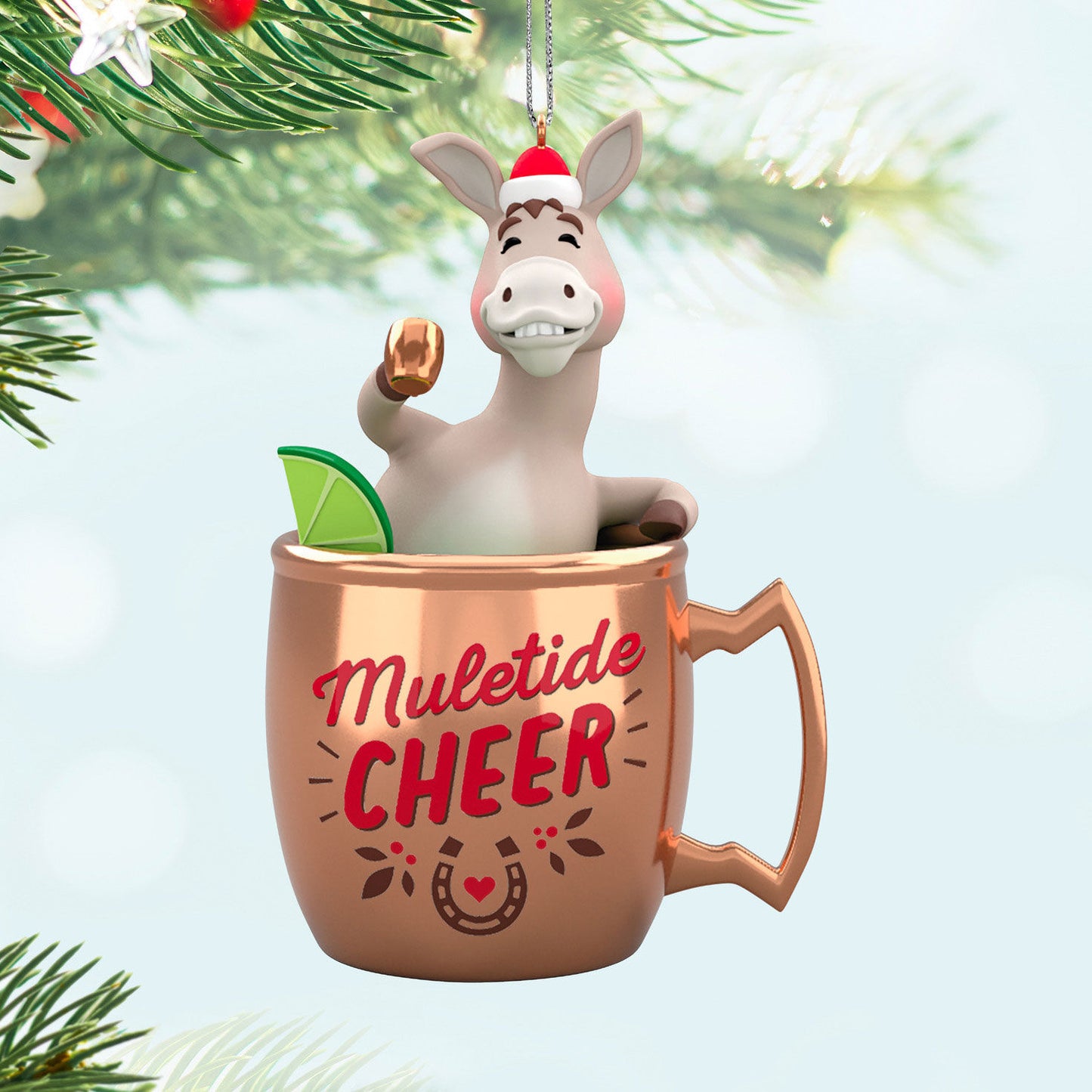 Muletide Cheer — Hallmark Keepsake Christmas Ornament, plastic ornament of mule in copper mug with lime, festive decoration, hanging from tree