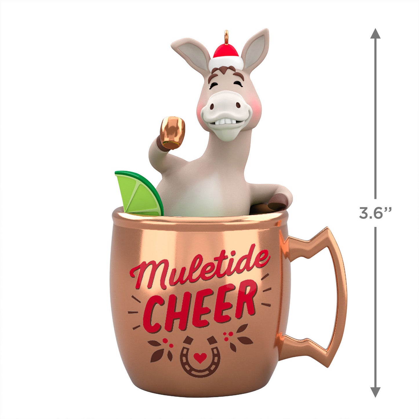 Muletide Cheer — Hallmark Keepsake Christmas Ornament, plastic mule in a copper mug tub, featuring a lime slice, 9.1cm in height.