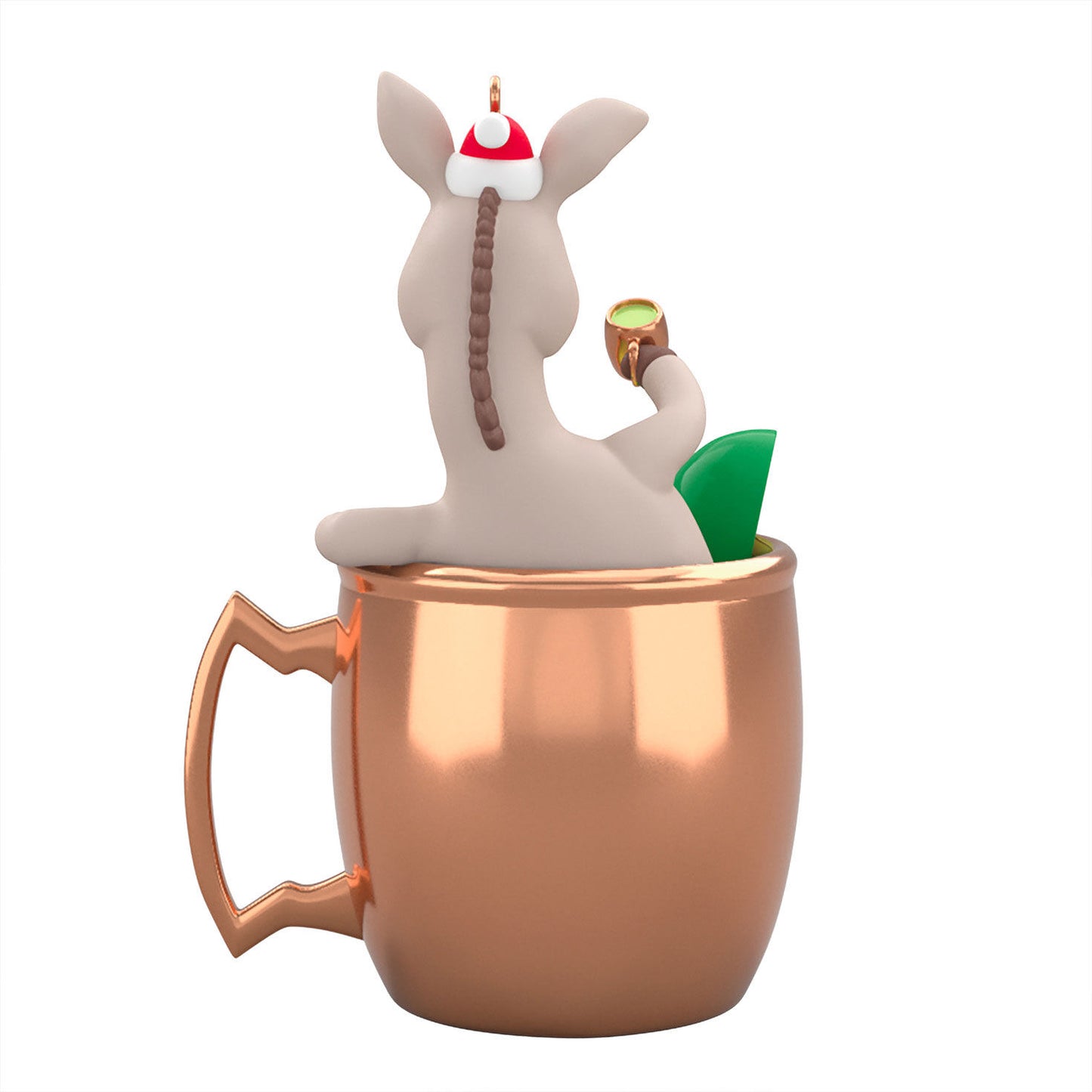 Muletide Cheer — Hallmark Keepsake Christmas Ornament, plastic, featuring a mule in a copper mug with festive details, angled view.