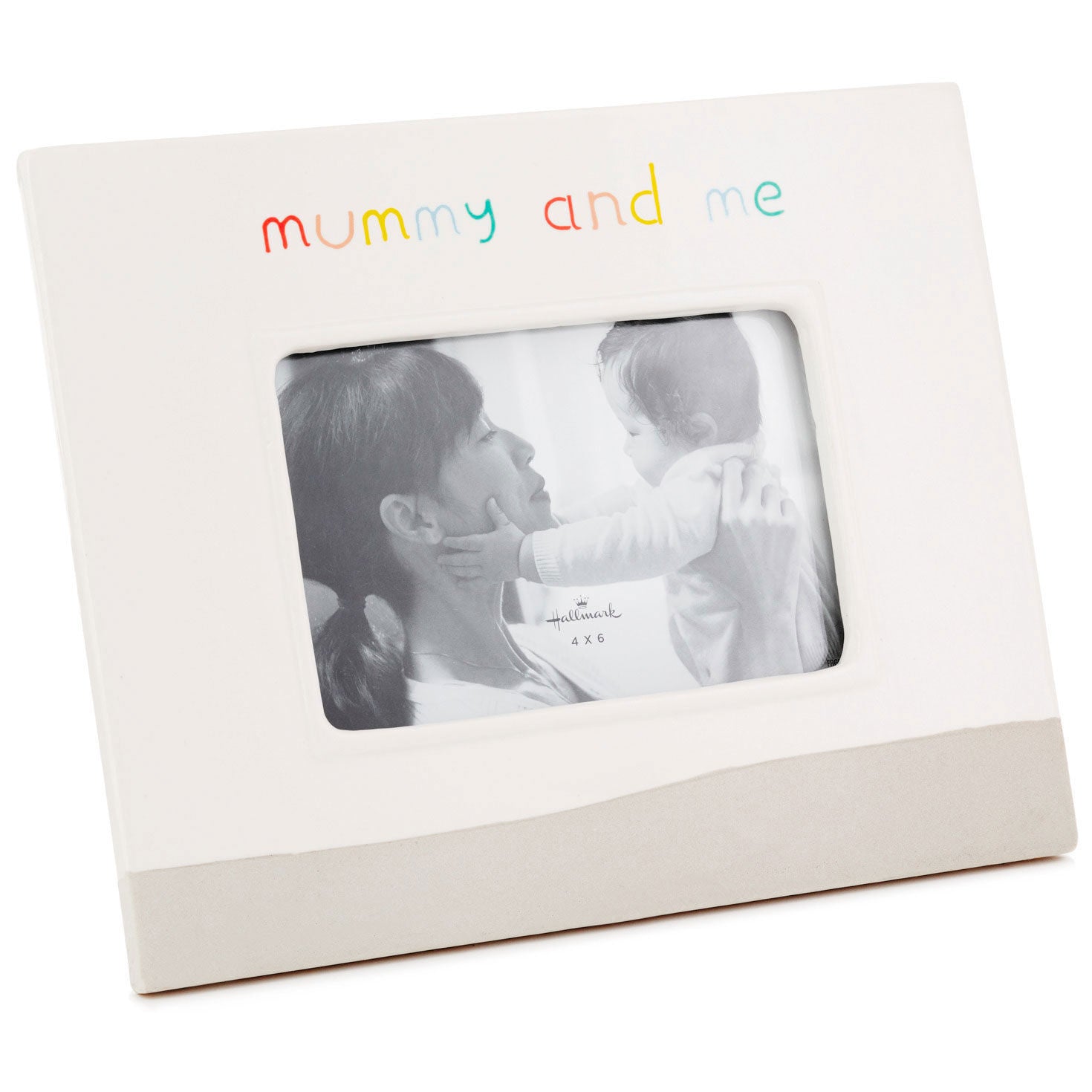 Mummy & Me Picture Frame, 4x6 ceramic frame in white with colourful lettering and debossed detail, angled view.