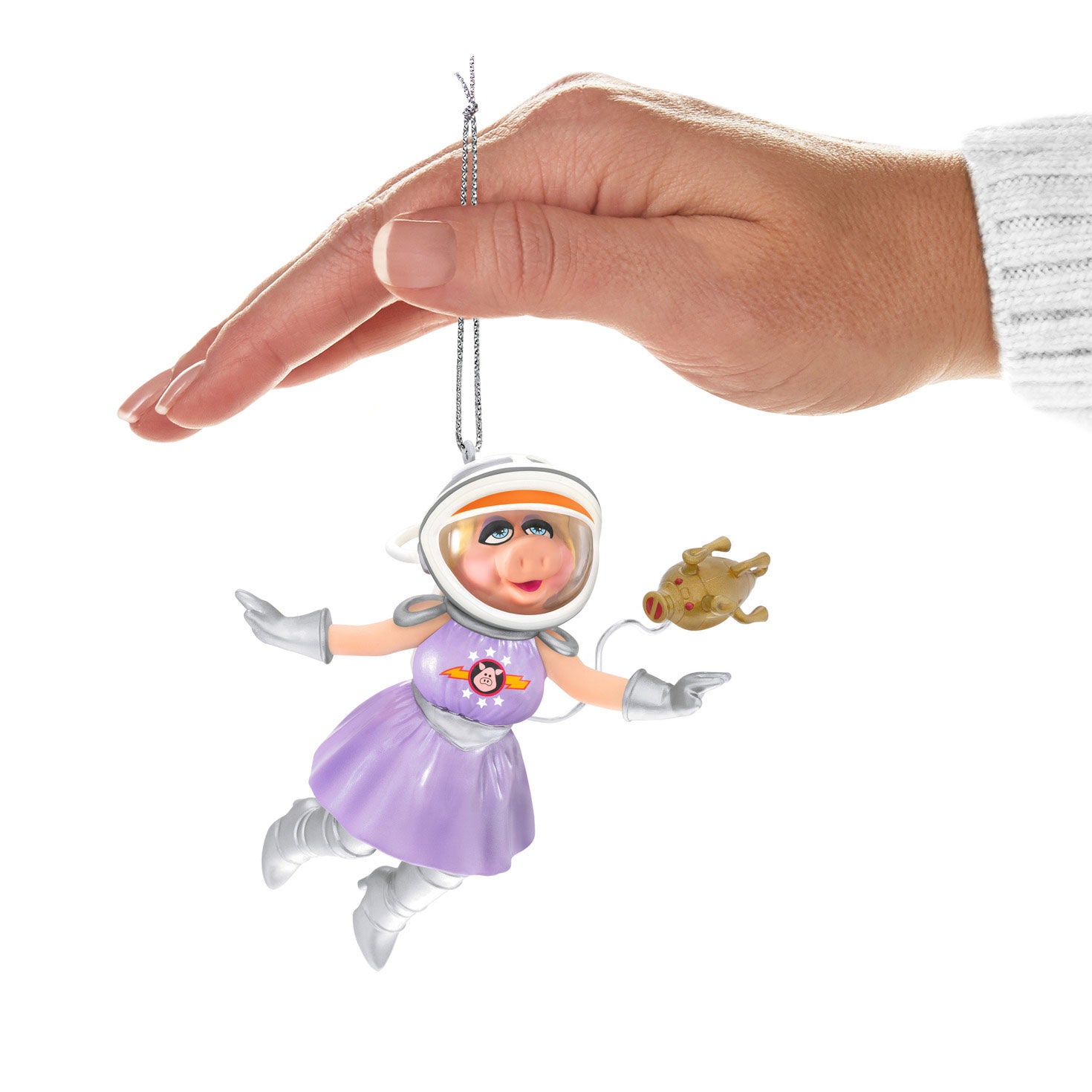 Disney The Muppets, First Mate Piggy and The Swinetrek — Hallmark Keepsake Christmas Ornament held in hand, featuring Miss Piggy in space attire with a cute lion toy
