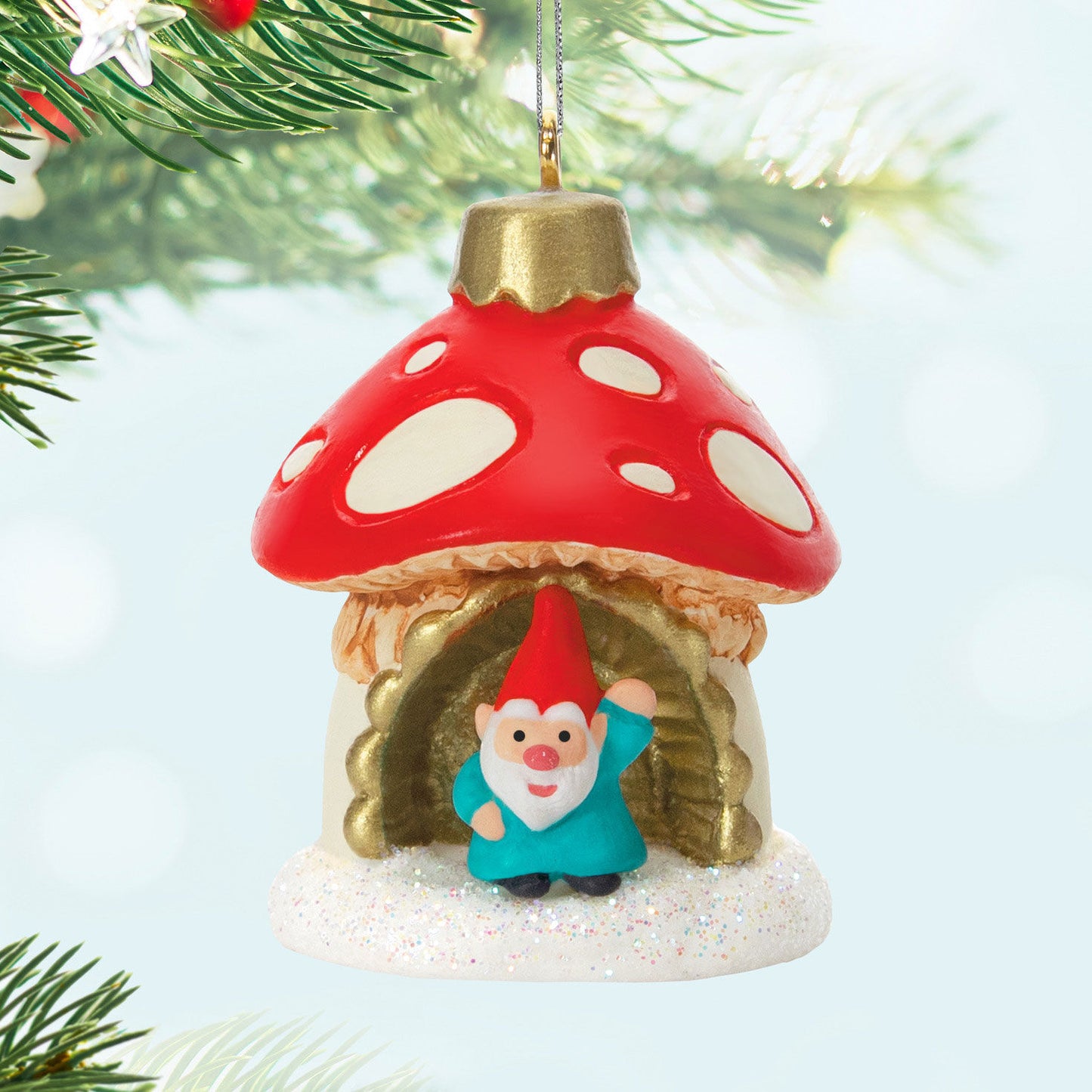 A World Within (Miniature) — Hallmark Keepsake Christmas Ornament features a gnome in a mushroom hut with glitter accents.
