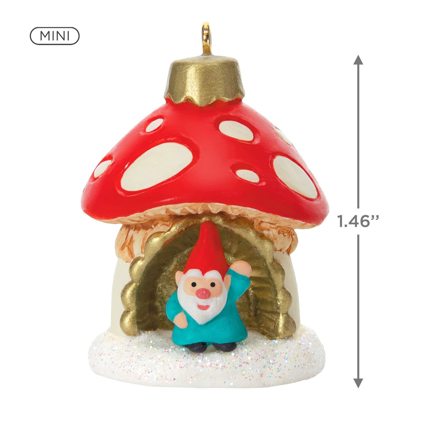 A World Within (Miniature) — Hallmark Keepsake Christmas Ornament featuring a whimsical mushroom hut with a gnome, close up view.