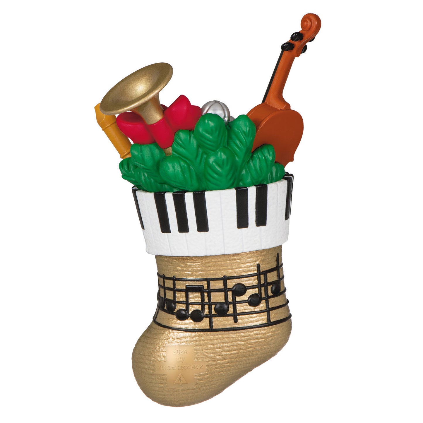 Stocking Stuffers — Hallmark Keepsake Christmas Ornament, gold and black musical stocking filled with vibrant instruments, close-up view.