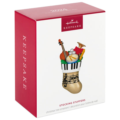 Stocking Stuffers — Hallmark Keepsake Christmas ornament gift box featuring musical instruments and festive design details.