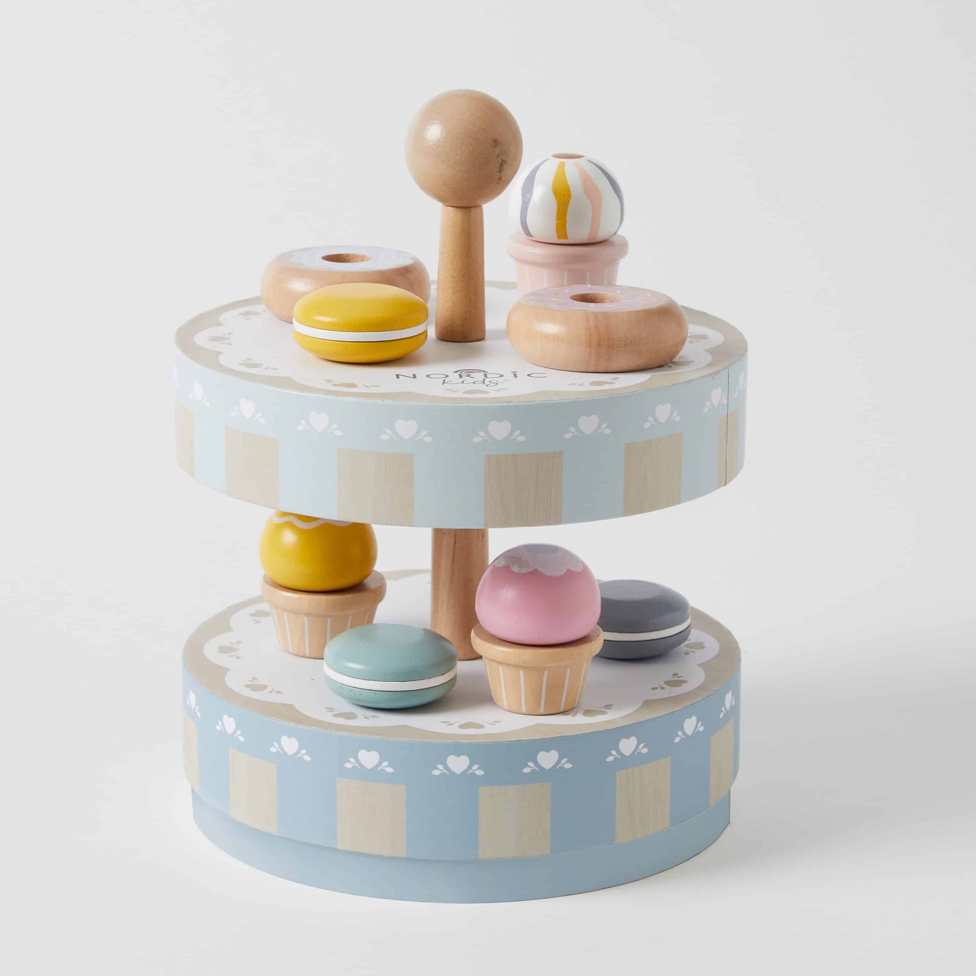 Wooden Cake Stand Set with colourful wooden donuts, cupcakes, and macarons in an angled view display on a tiered stand.