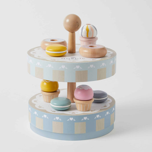 Wooden Cake Stand Set with colourful wooden donuts, cupcakes, and macarons in an angled view display on a tiered stand.
