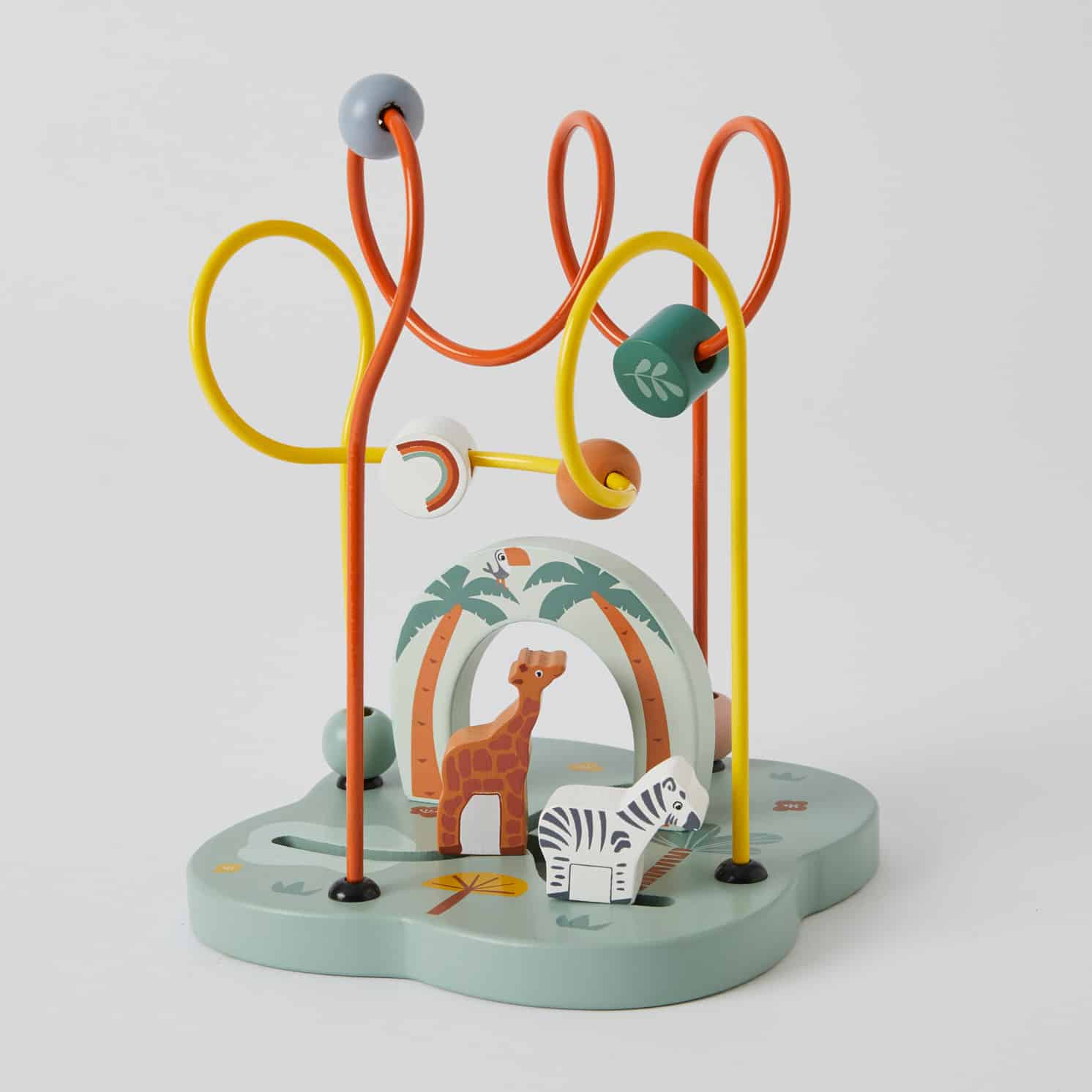 Animal bead maze toy in colourful wooden design featuring giraffe and zebra figures, angled view on a light background.