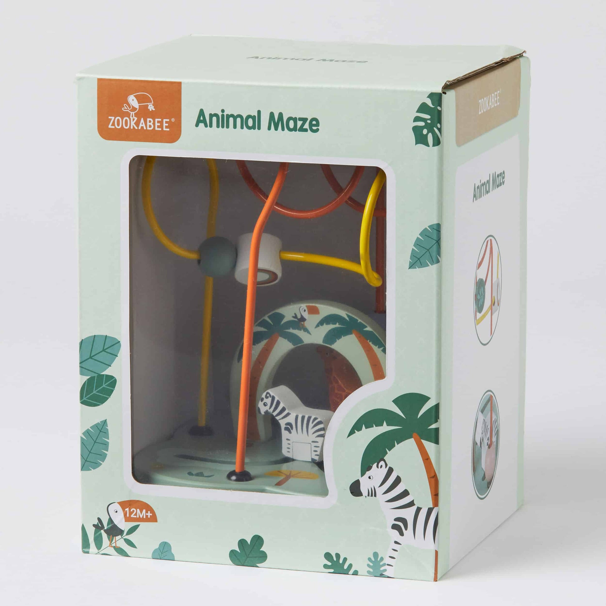 Animal bead maze toy in packaging, featuring colourful beads and a zebra theme, suitable for toddlers aged 12 months and up.