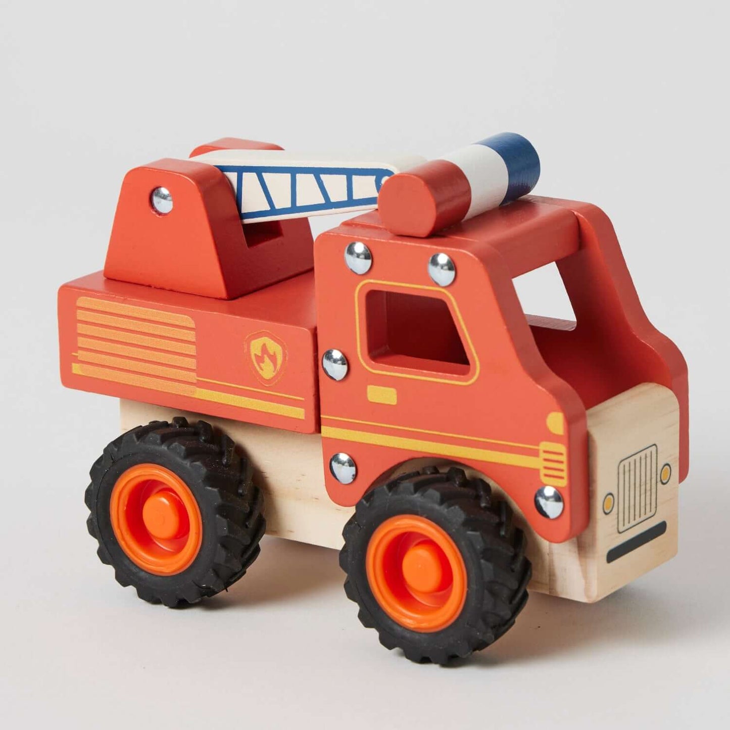 Fire truck wooden toy with eco-friendly materials and rubber wheels, featuring bright orange and red design in angled view.