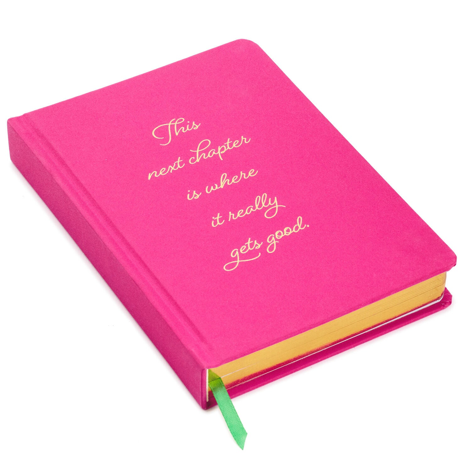 Next Chapter Notebook with a fuchsia hardcover, gold foil lettering, and a green ribbon bookmark, angled view.