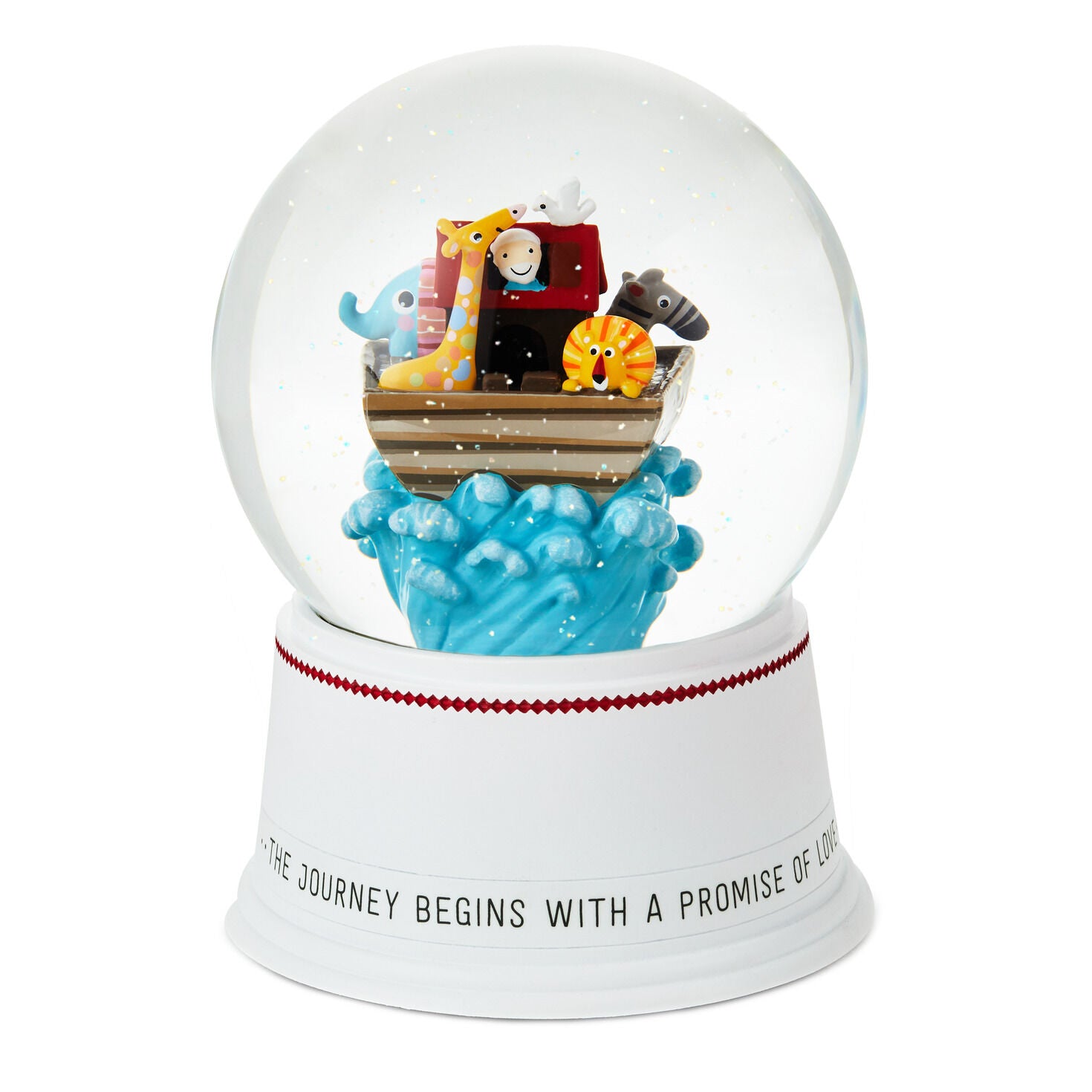 Noah's Ark Musical Snow Globe featuring playful animal characters, detailed resin design, and glittery snow swirl.