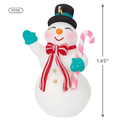 Nostalgic Snowman (Miniature) — Hallmark Keepsake Christmas Ornament, 3.7cm tall, with candy cane and festive attire, friendly wave