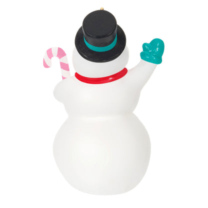 Nostalgic Snowman (Miniature) — Hallmark Keepsake Christmas Ornament, back view showing rosy cheeks, candy cane and festive hat.