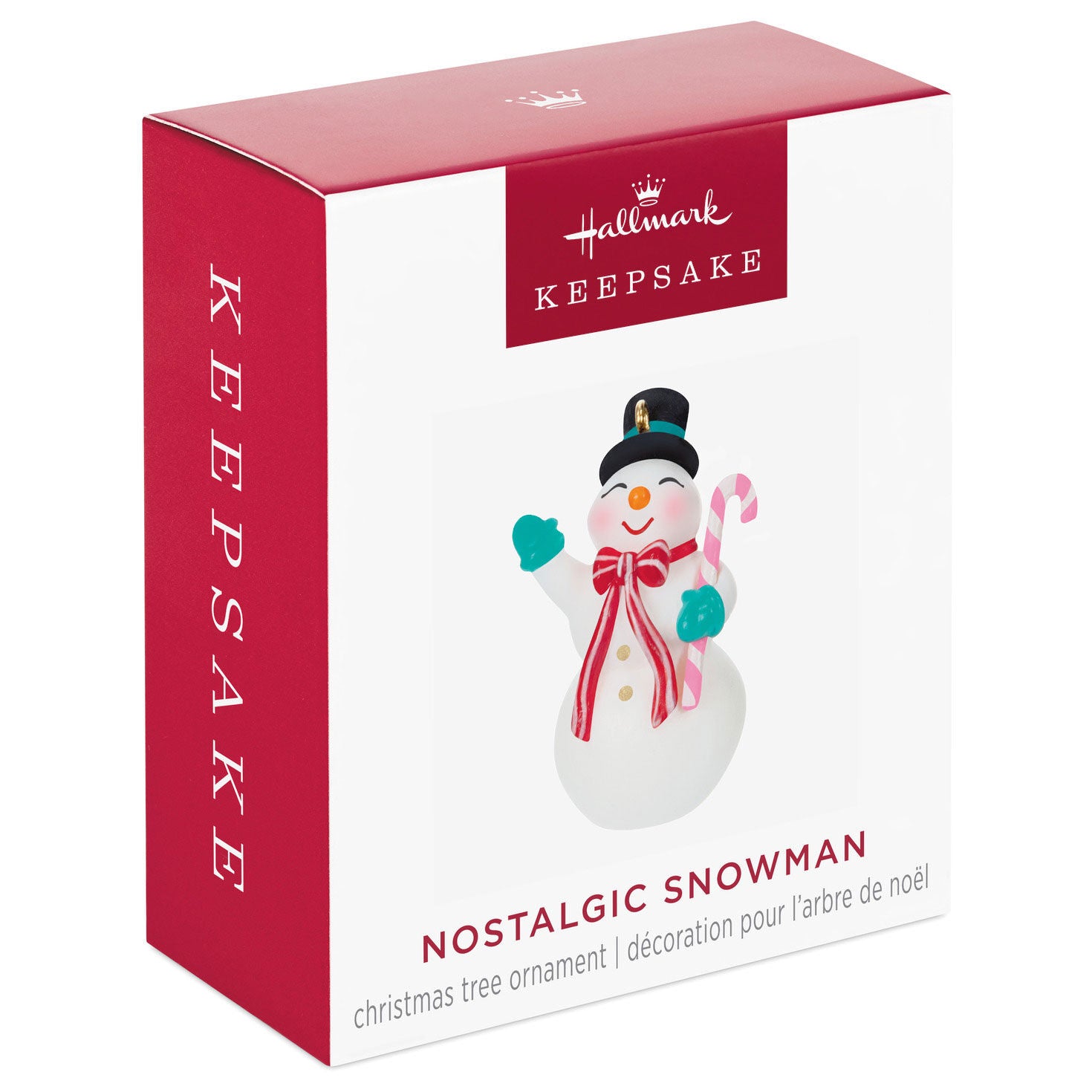 Nostalgic Snowman (Miniature) — Hallmark Keepsake Christmas Ornament in packaging, featuring a cheerful snowman with a candy cane.