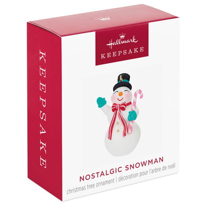 Nostalgic Snowman (Miniature) — Hallmark Keepsake Christmas Ornament in packaging, featuring a cheerful snowman with a candy cane.