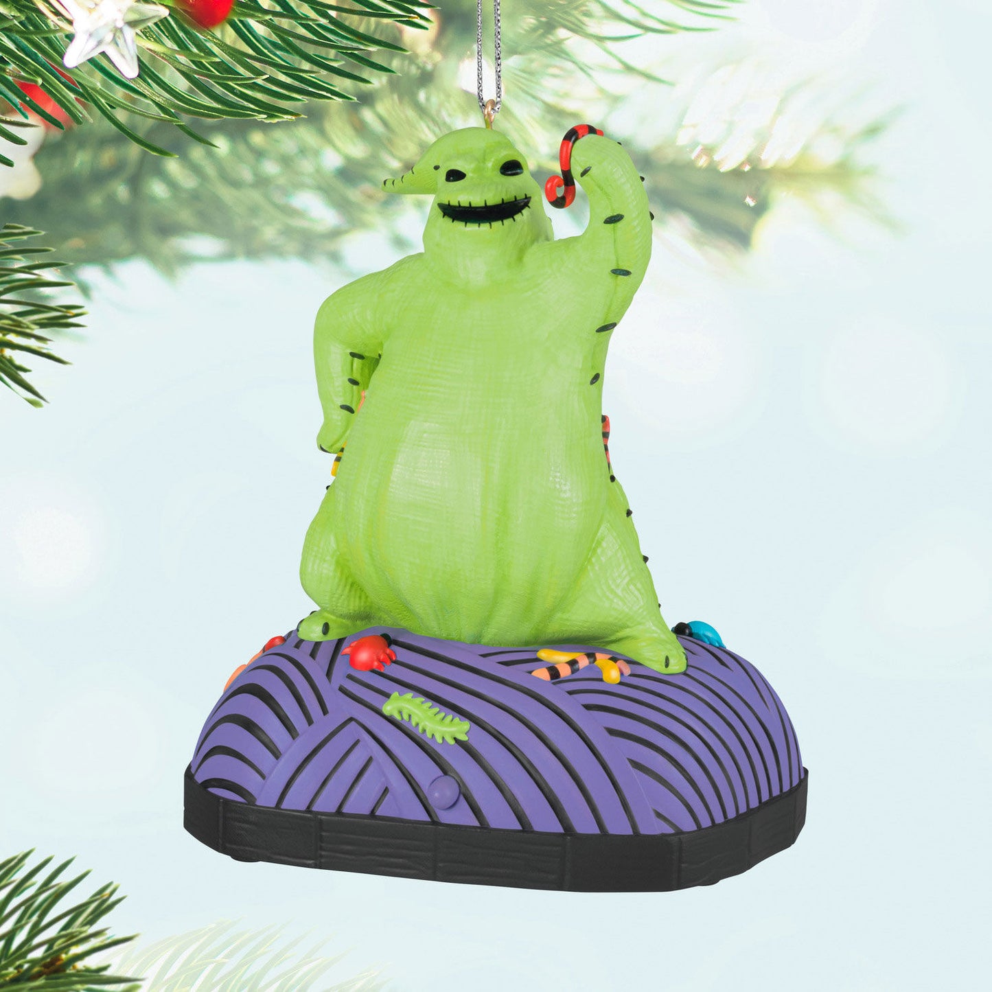 Disney Tim Burton's The Nightmare Before Christmas, Oogie Boogie With Sound and Motion — Hallmark Keepsake Christmas Ornament, detailed close-up with vibrant green character.