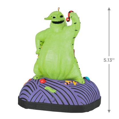 Disney Tim Burton's The Nightmare Before Christmas, Oogie Boogie with sound and motion — close up of colourful ornament featuring iconic character.