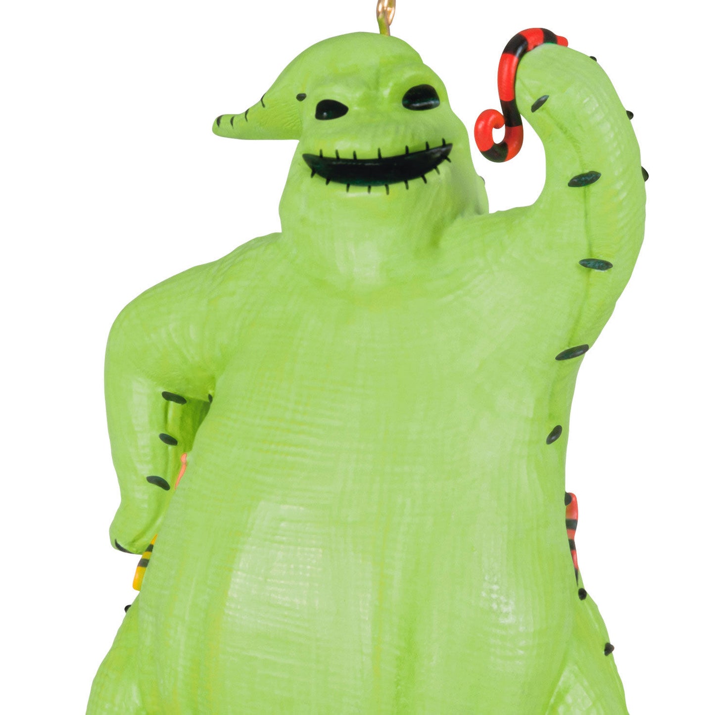 Disney Tim Burton's The Nightmare Before Christmas, Oogie Boogie with sound and motion ornament in vibrant green and black details, captured up close.