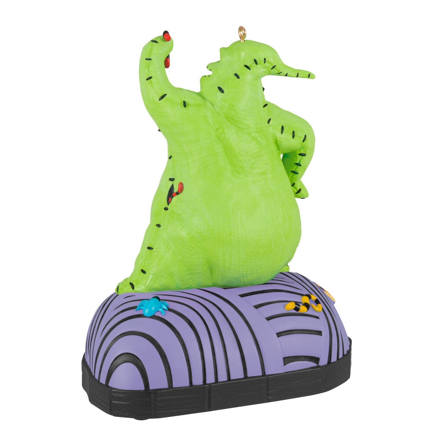 Disney Tim Burton's The Nightmare Before Christmas, Oogie Boogie With Sound and Motion — Hallmark Keepsake Christmas Ornament, close up view of vibrant green figurine with purple base.