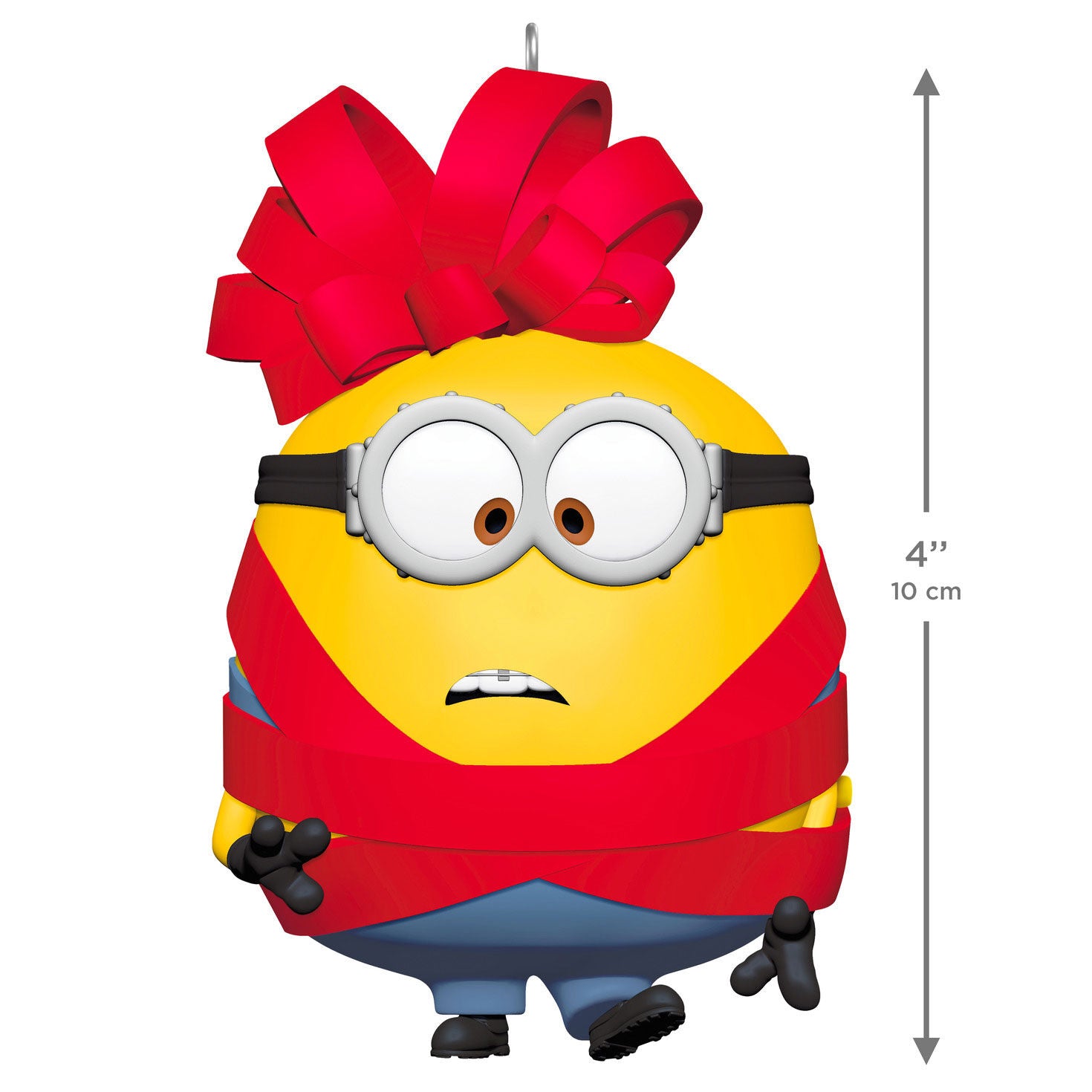 Minions Otto’s Merry Mayhem With Sound — 2026 Hallmark Keepsake Christmas Ornament in red ribbon with a bow, 10 cm tall