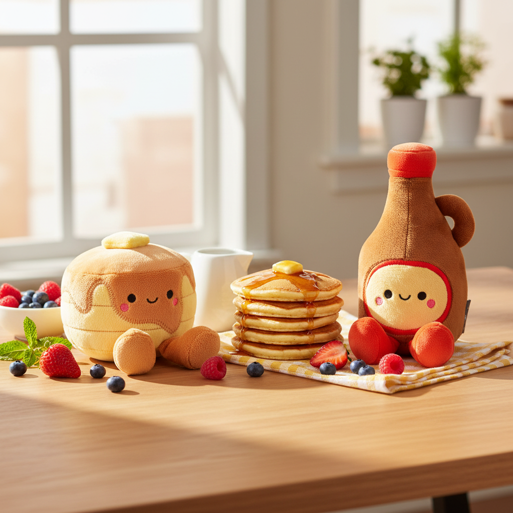 Pancakes and Syrup Magnetic Plush – Better Together featuring cute plush food characters on a wooden table with berries.