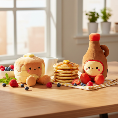 Pancakes and Syrup Magnetic Plush – Better Together featuring cute plush food characters on a wooden table with berries.