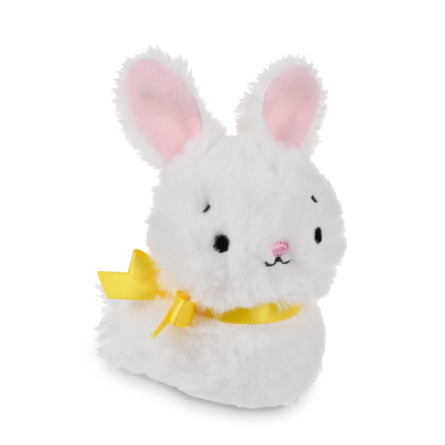 Hallmark Zip-a-Long Bunny Stuffed Animal, white plush fabric, 3" W x 4" H, with a yellow satin ribbon detail.
