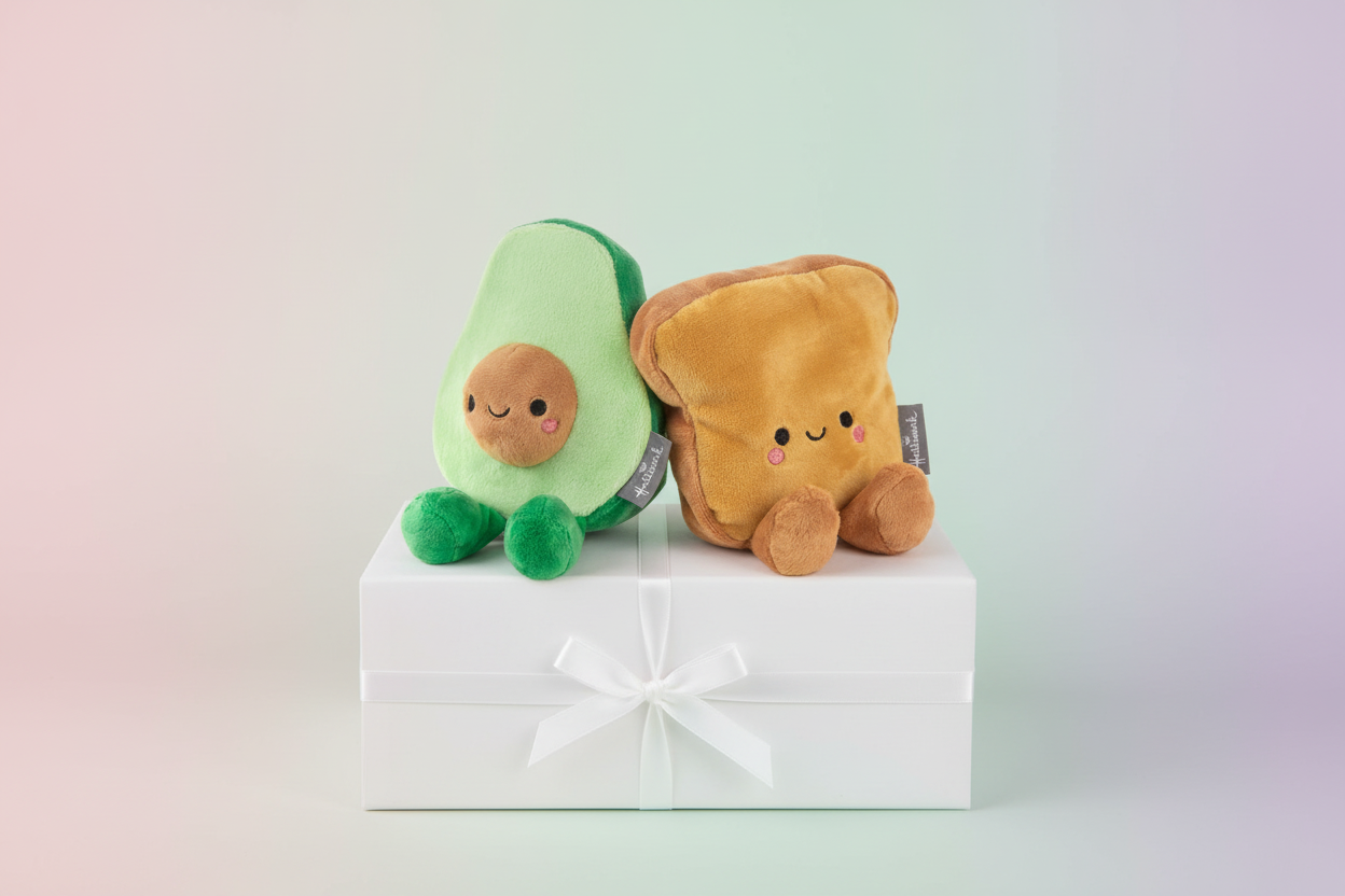Avocado and Toast Magnetic Plush – Better Together, plush food duo on gift box with white ribbon, cute and colourful design.