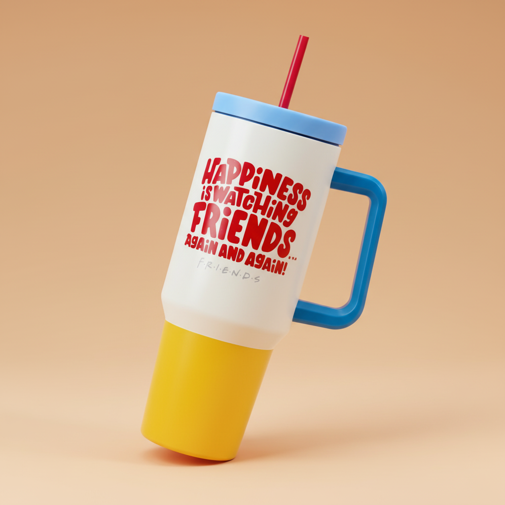 Friends tv show, Colorful mug with a blue handle and red straw on a beige background
