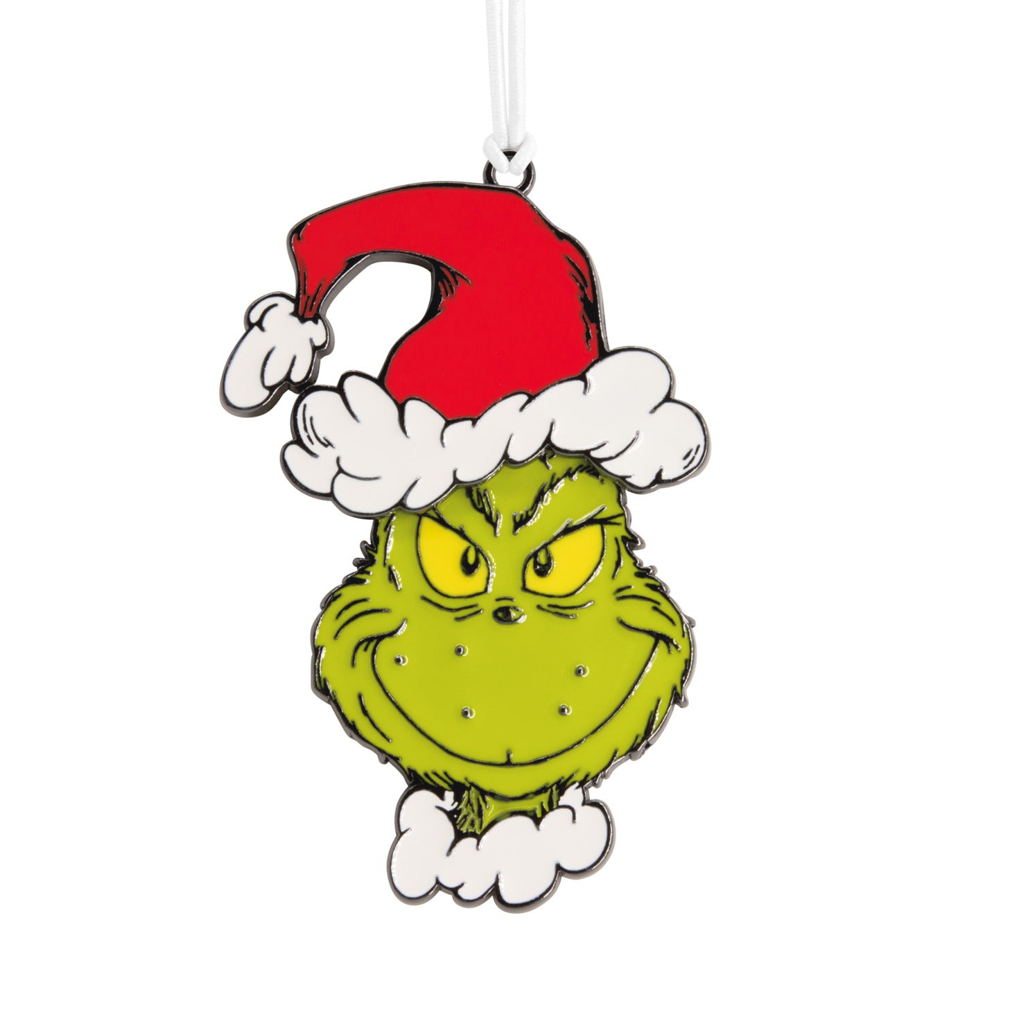 Hallmark Christmas Ornament - Dr. Seuss's How the Grinch Stole Christmas! Grinch in Santa Hat Moving Metal, colourful metal ornament detail.