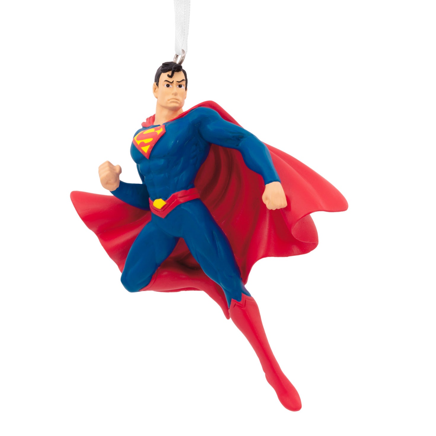 Resin Figural Superman ornament in vibrant blue and red costume, featuring detailed cape, hanging display.