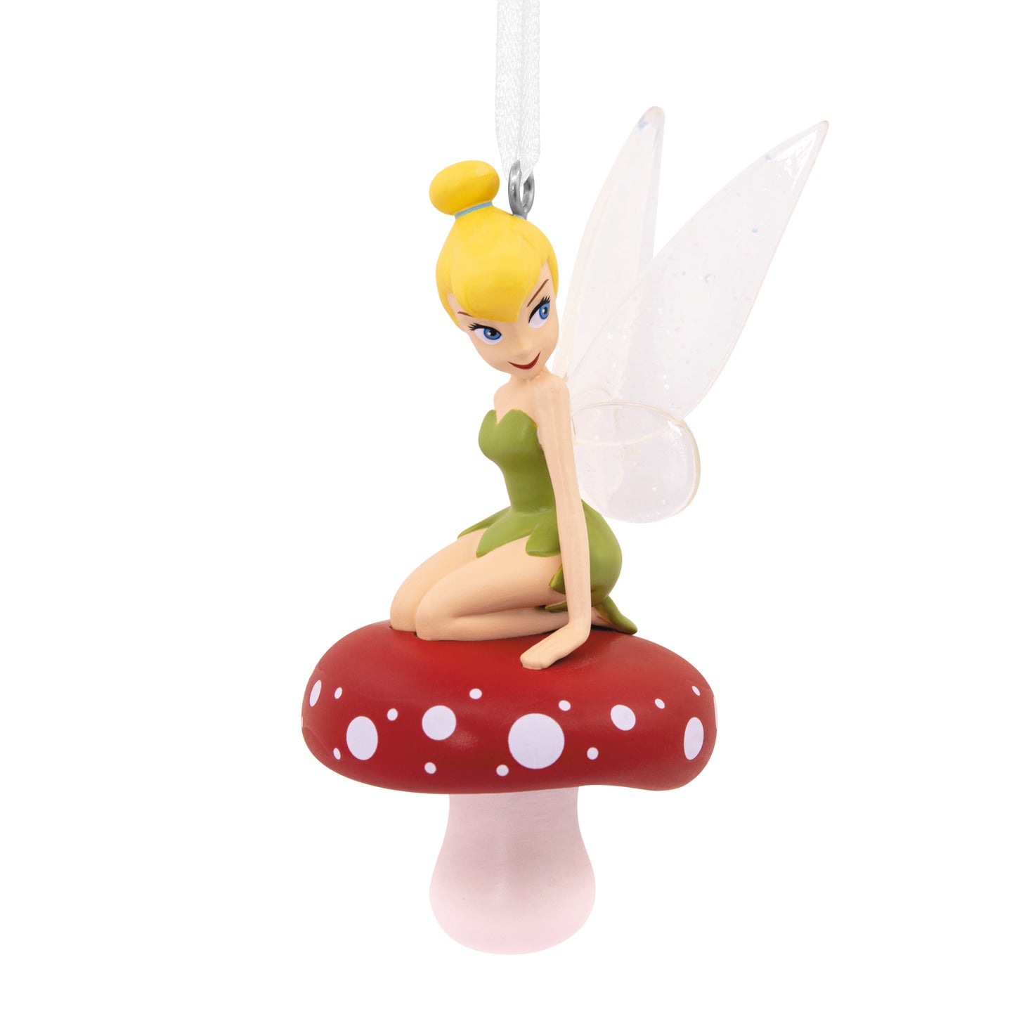 Hallmark Christmas Ornament - Disney Tinker Bell on Mushroom, vibrant figure of Tinker Bell on red mushroom, close-up detail
