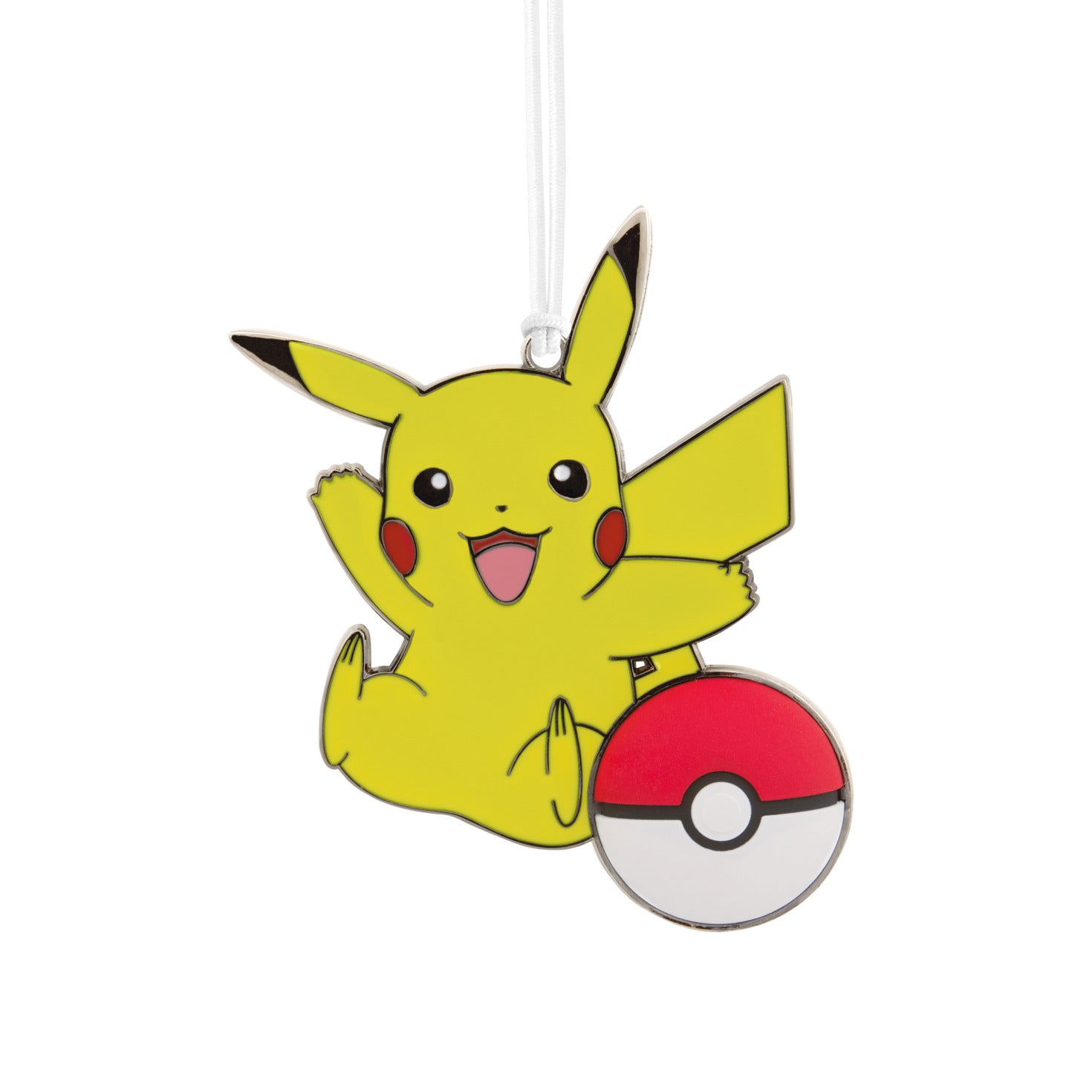 Hallmark Christmas Ornament - Pokémon Pikachu and Poké Ball With Dimension Metal, featuring a joyful Pikachu beside a Poké Ball.