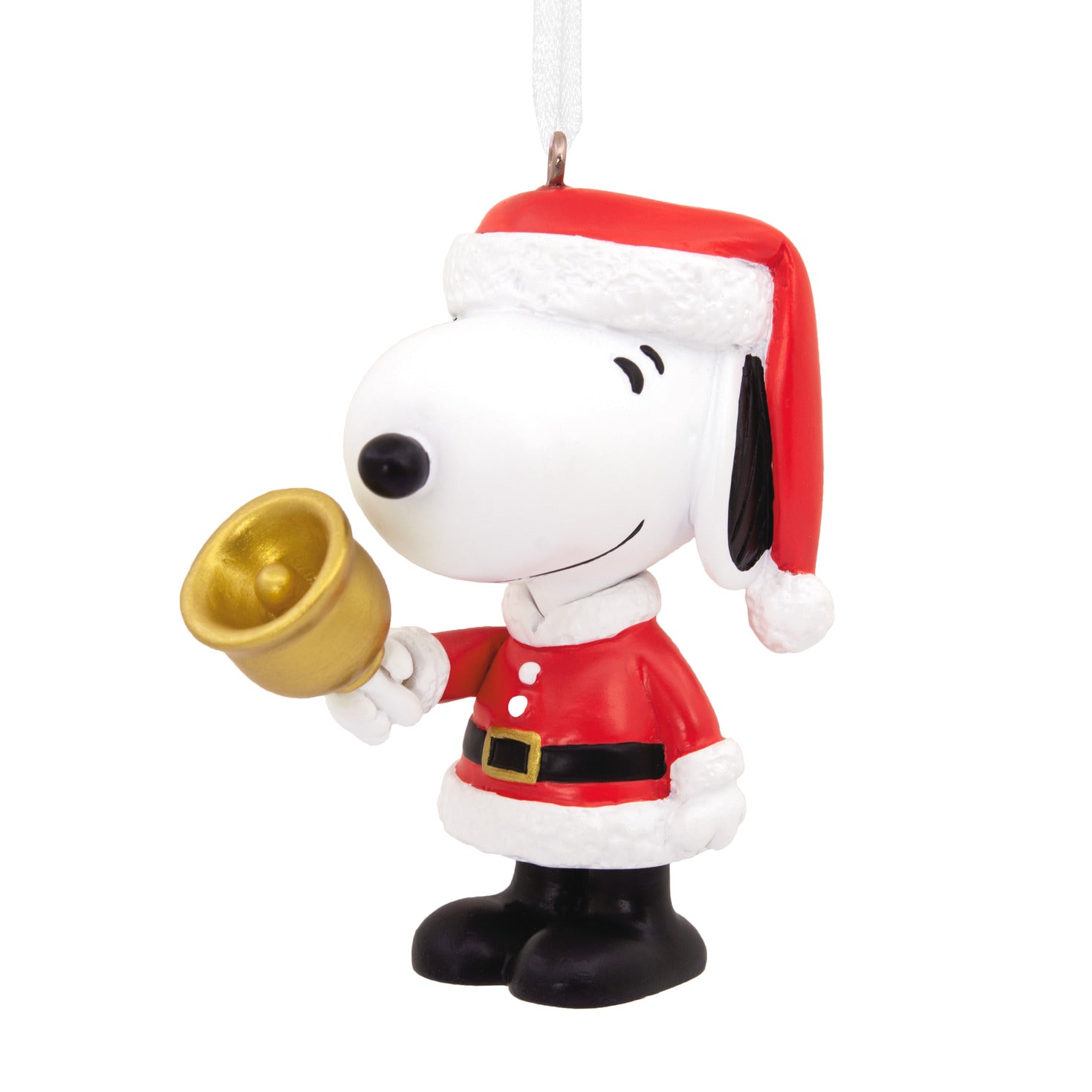 Peanuts® Snoopy Bell Ringer — Hallmark Christmas Ornament, festive Snoopy wearing a Santa suit holding a golden bell, close up.
