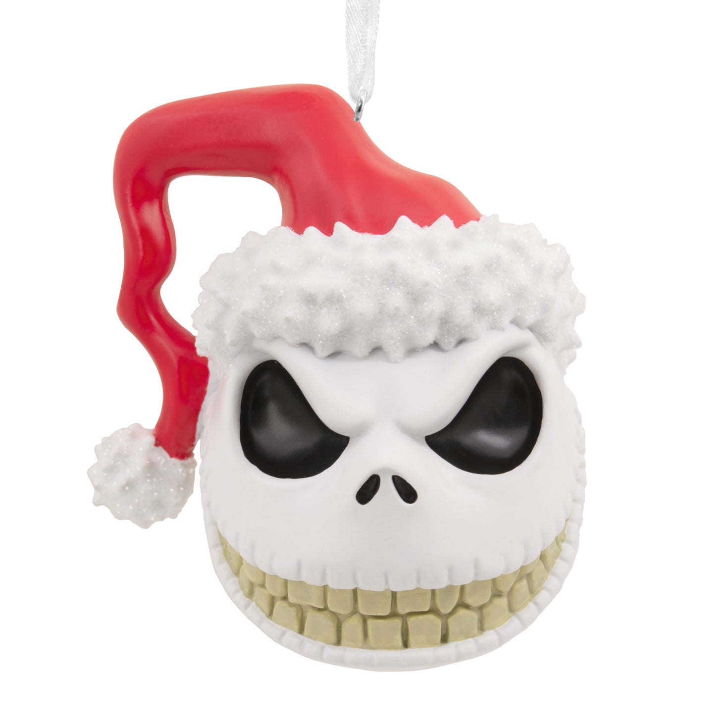 Hallmark Christmas Ornament - Disney Tim Burton's The Nightmare Before Christmas Jack Skellington Head, detailed view of Santa hat and facial features.