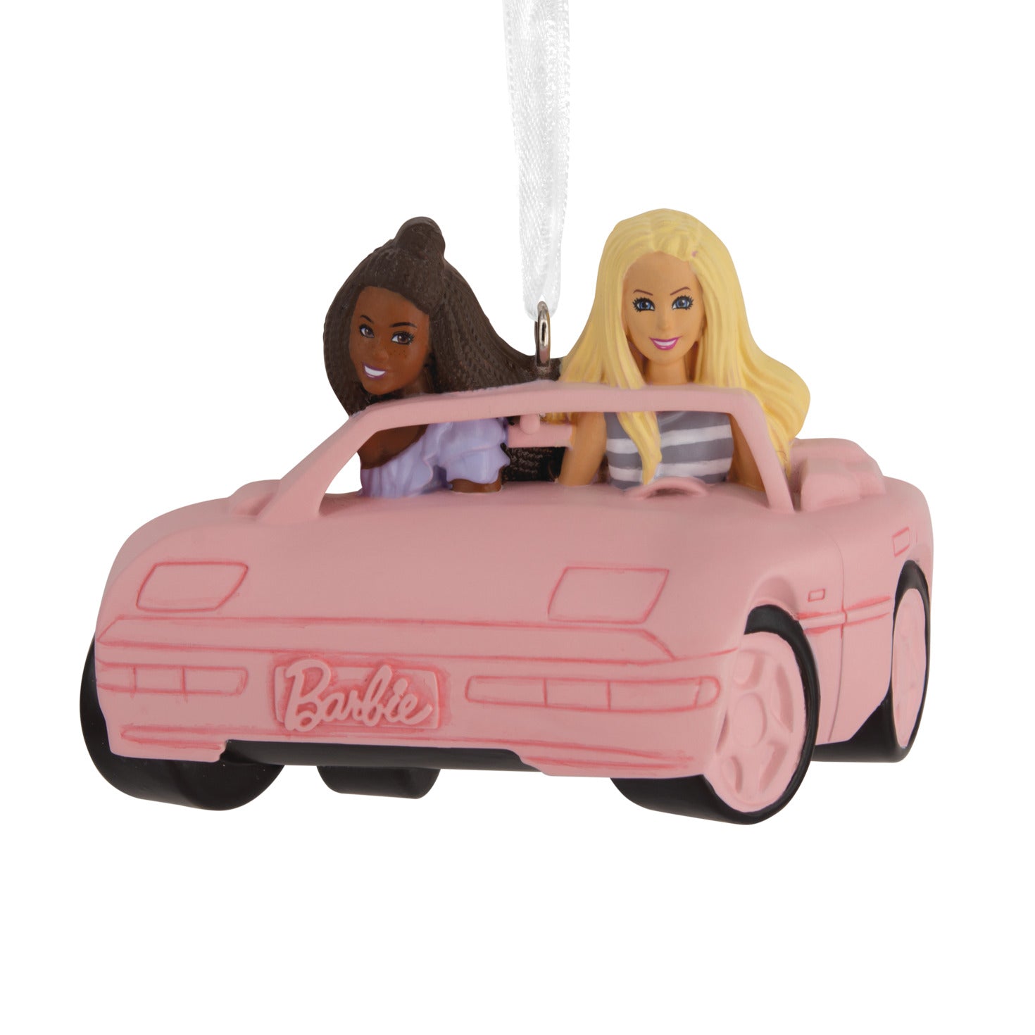 Hallmark Christmas Ornament - Barbie in Car, pink convertible decoration featuring Barbie and friend, detailed view.