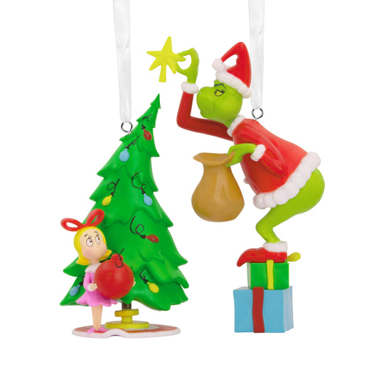 Hallmark Christmas Ornaments - Dr. Seuss's How the Grinch Stole Christmas! Grinch and Cindy-Lou Who, set of 2, decorated tree with star and gifts.