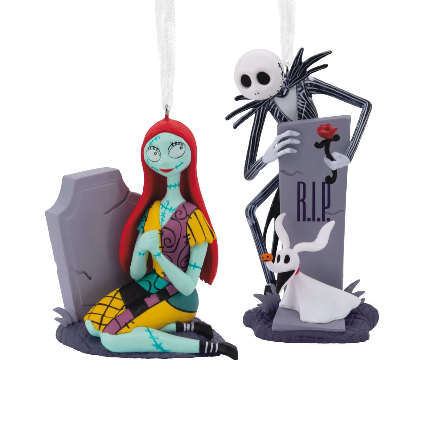 Disney Tim Burton's The Nightmare Before Christmas Jack and Sally With Tombstones, Set of 2 - Hallmark Christmas Ornament, detailed characters with tombstones.