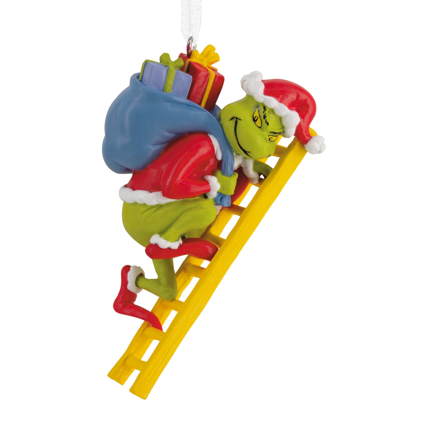 Hallmark Christmas Ornament - Dr. Seuss's How the Grinch Stole Christmas! features the Grinch climbing a yellow ladder with a sack of presents.