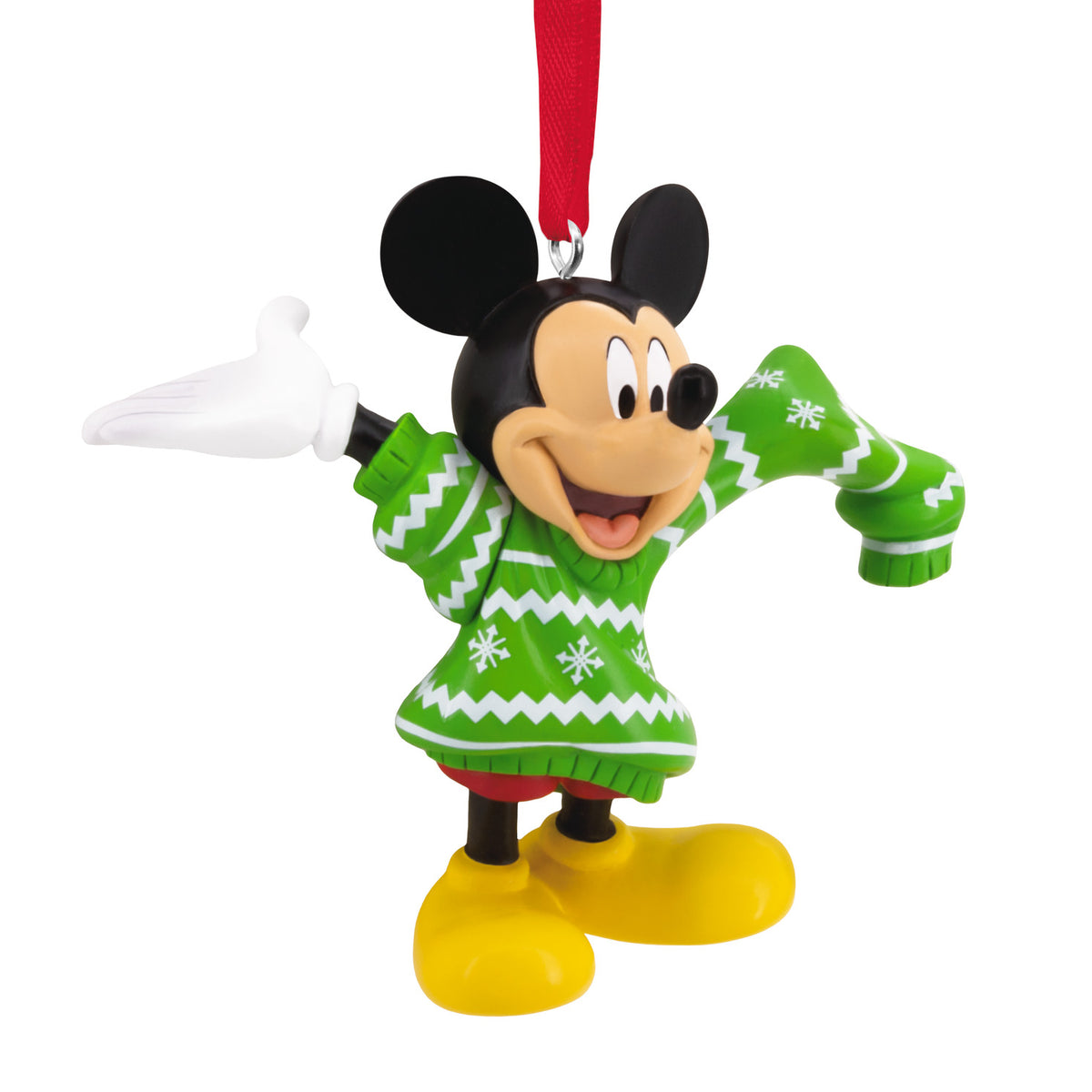 Hallmark Christmas Ornament - Disney Mickey Mouse in Christmas Sweater, vibrant green jumper with snowflakes, hanging from a red ribbon.